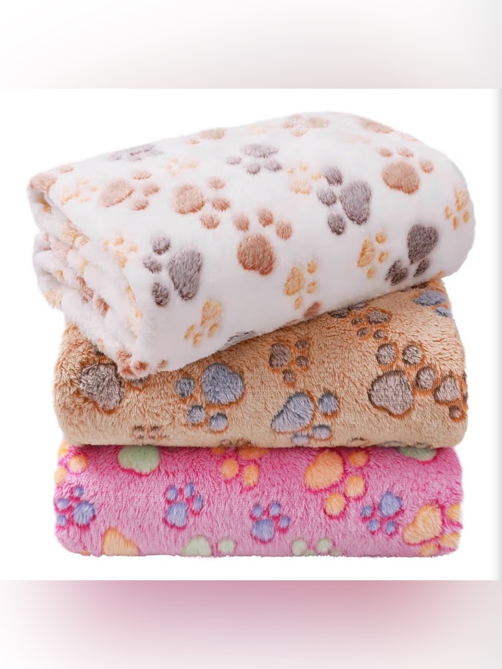Set of 3 Plush Paw-Print Fleece Throw Blanket - White, Beige, Pink